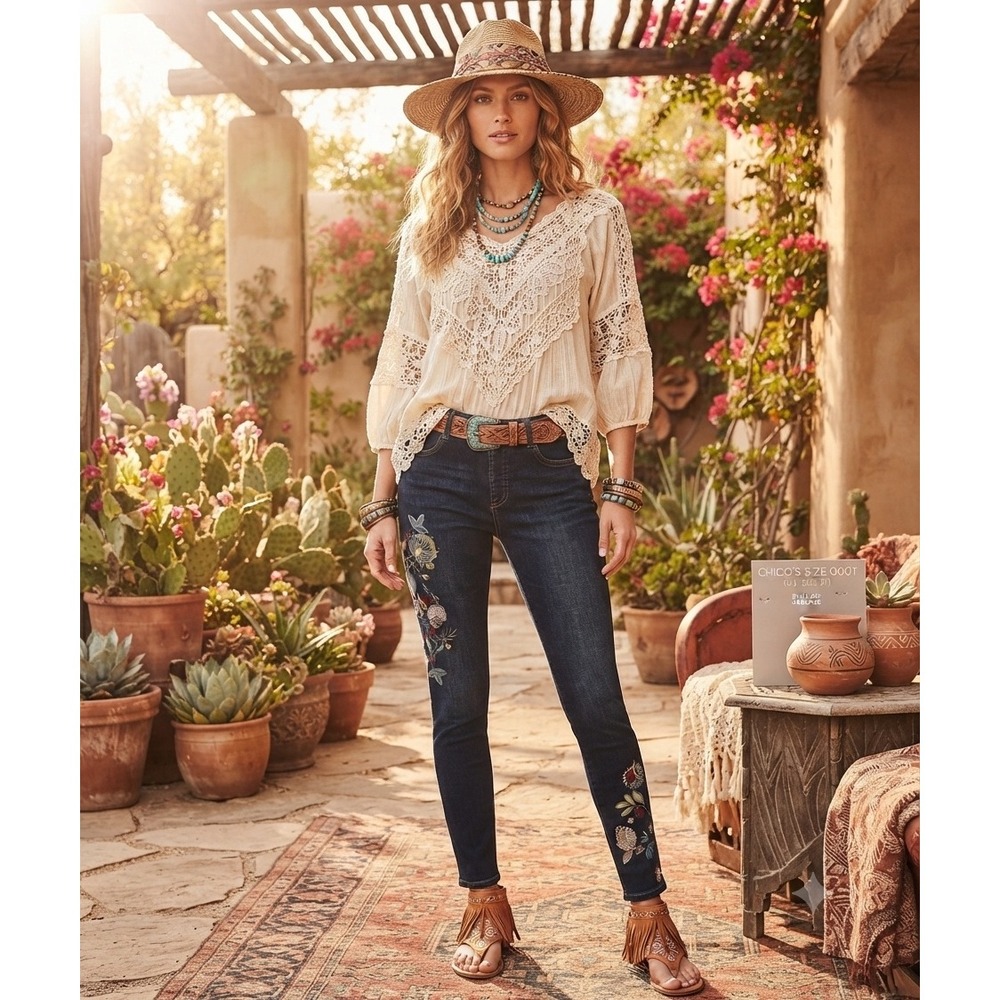 Chico's Floral‎ Embroidered Pull On Jegging Ankle Jeans Indigo Blue Size 000T